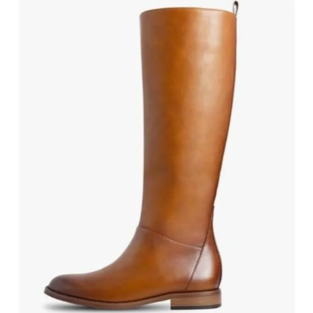 Women's Brown Flat Round Toe Low Heel Comfortable Side Zipper Knee High Boots